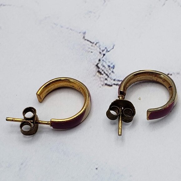 Purple & White Candy Striped Gold Hoop Earrings - Picture 4 of 5